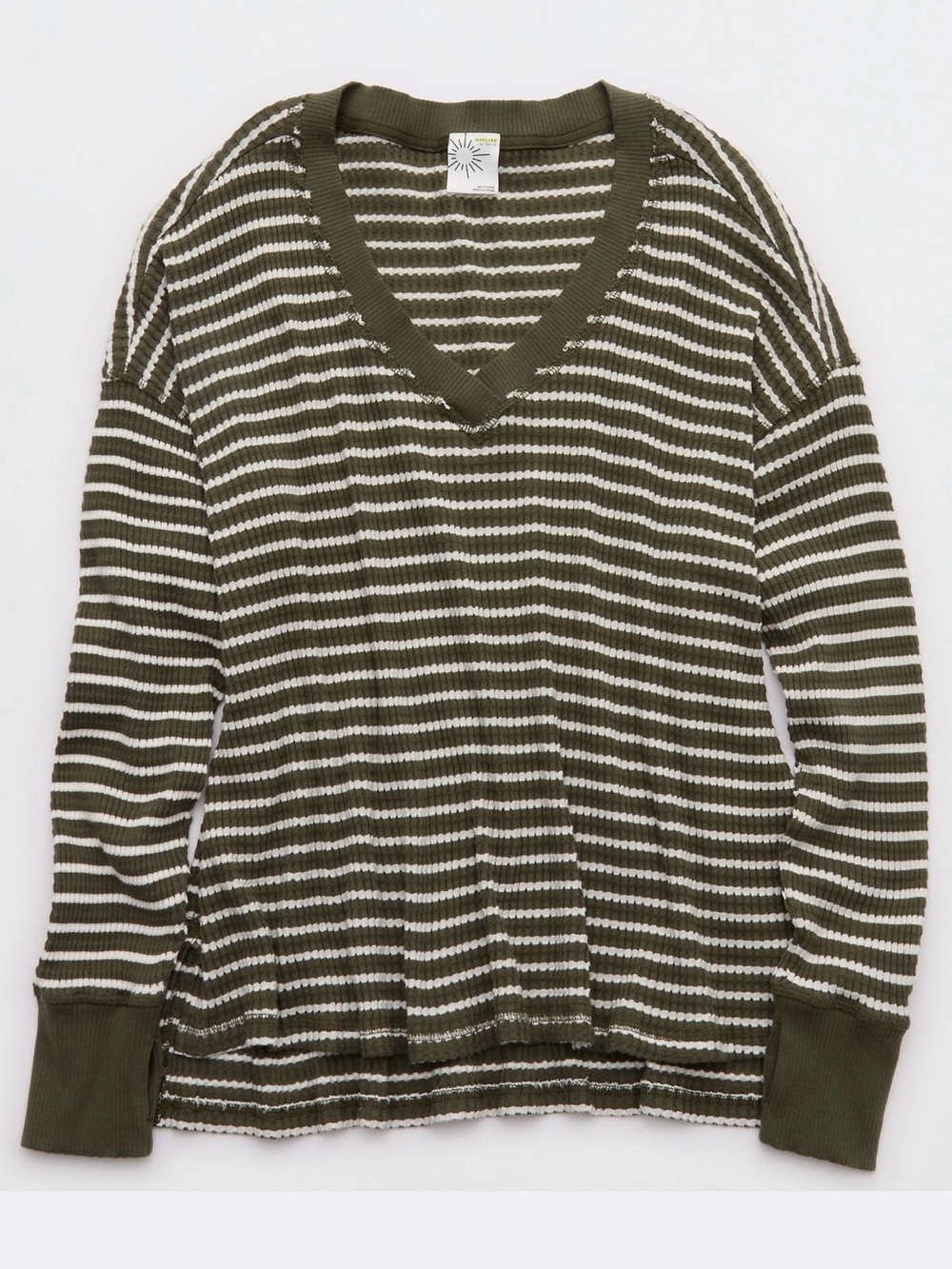 OFFLINE By Aerie Wow! Waffle Long Sleeve V Neck T-Shirt in festive olive